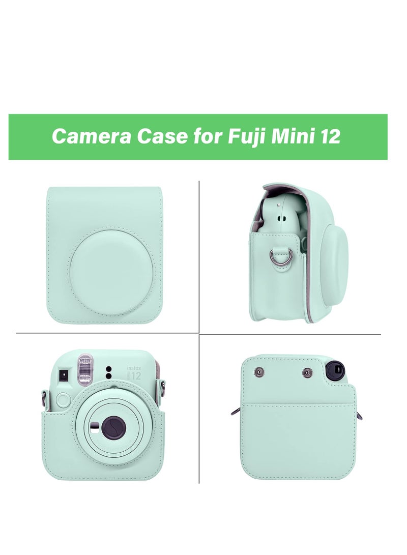 SYOSI حافظة كاميرا فورية متوافقة مع Instax Mini 12، حقيبة جلدية PU مع جيب، حزام كتف قابل للتعديل (أخضر نقي) - Image 2