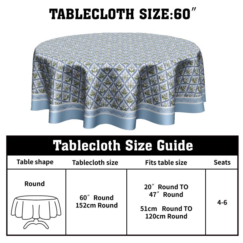 Anyako Blue and Green Tablecloth Round Tablecloth Boho Blue Flowers Table Cloth 60 Inch French Blue Block Print Table Cover Bohemian Tablecover Reusable Polyester for Kitchen Dining Home Outdoor Decor - Image 2