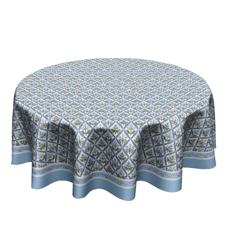 Anyako Blue and Green Tablecloth Round Tablecloth Boho Blue Flowers Table Cloth 60 Inch French Blue Block Print Table Cover Bohemian Tablecover Reusable Polyester for Kitchen Dining Home Outdoor Decor - Image 1