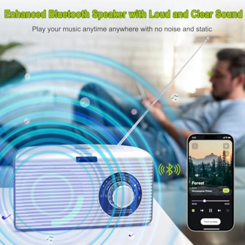 Bluetooth Speaker Radio Sleep Timer, Hi-Fi Clear Extra Loud Sound, Portable AM FM Radio with Strong Reception, Plug in Wall or Battery Operated for Home/Outdoor, Seniors Small Gift - Image 2