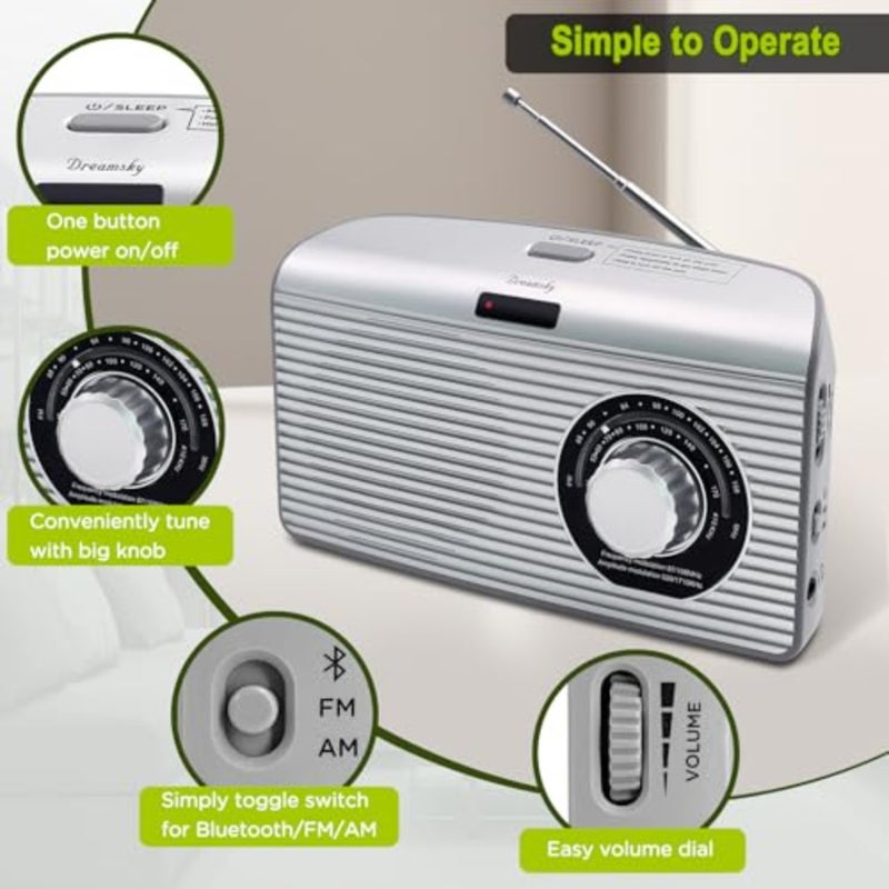 Bluetooth Speaker Radio Sleep Timer, Hi-Fi Clear Extra Loud Sound, Portable AM FM Radio with Strong Reception, Plug in Wall or Battery Operated for Home/Outdoor, Seniors Small Gift - Image 5