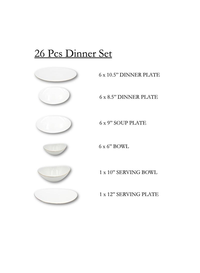 Houzi Houzi 26 Pcs Gold line Opal ware Dinner set 6 x dinner plate 6 x dessert plate 6 x bowl 6 x soup plate 1 x serving plate 1 x serving bowl  - Image 2