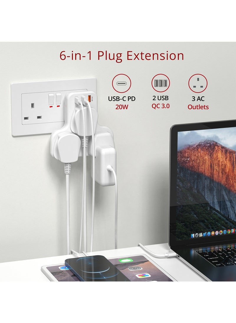 PEGANT - 3 Way Multi Plug Adapter Power Extension with 3 USB Ports, 1 Type C 20W - Image 1