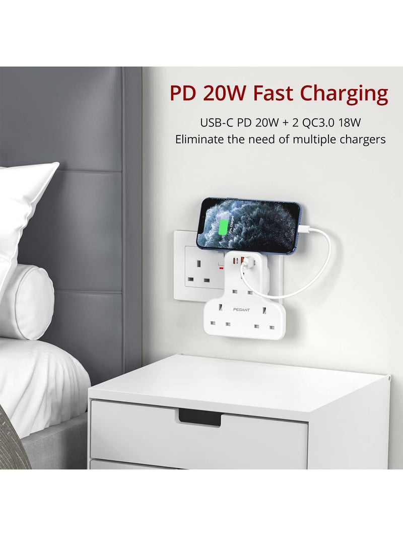 PEGANT - 3 Way Multi Plug Adapter Power Extension with 3 USB Ports, 1 Type C 20W - Image 1