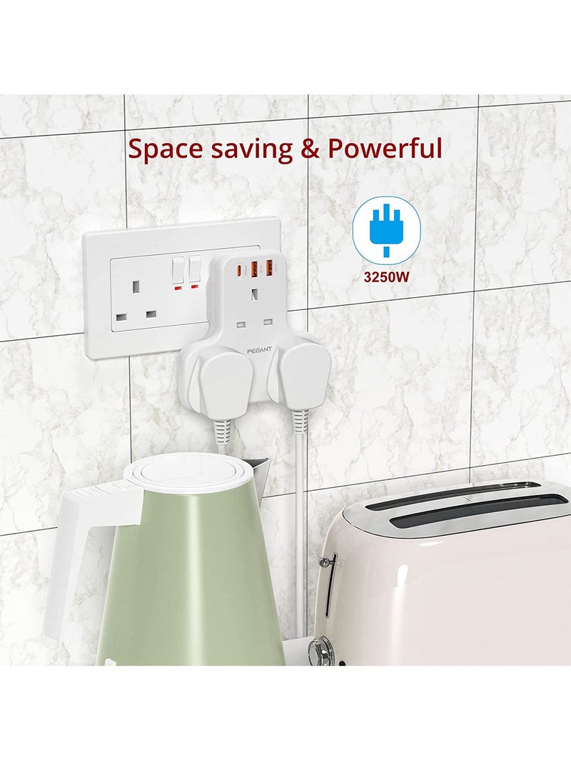 PEGANT - 3 Way Multi Plug Adapter Power Extension with 3 USB Ports, 1 Type C 20W - Image 1