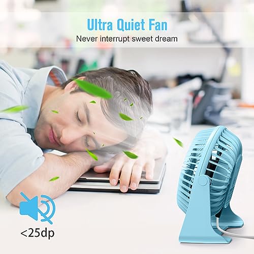 BESKAR USB Small Desk Fan, Portable Fans with 3 Speeds Strong Airflow, Quiet Operation and 360°Rotate, Personal Table Fan for Home,Office, Bedroom- 3.9 ft Cord/Blue - Image 5