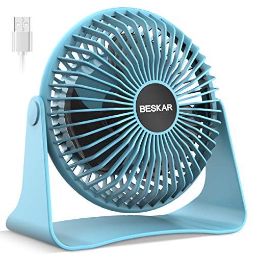 BESKAR USB Small Desk Fan, Portable Fans with 3 Speeds Strong Airflow, Quiet Operation and 360°Rotate, Personal Table Fan for Home,Office, Bedroom- 3.9 ft Cord/Blue - Image 1