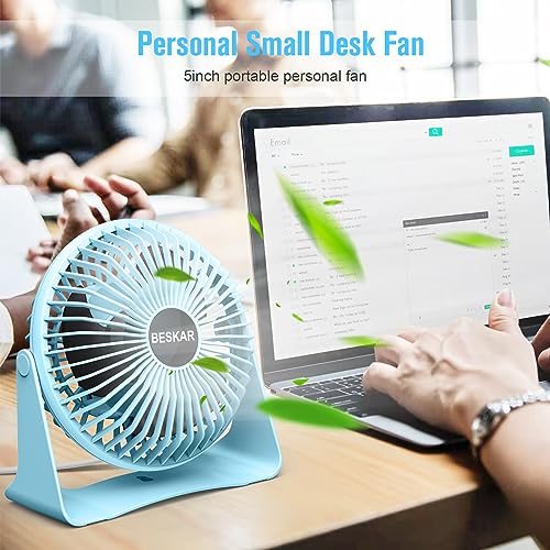 BESKAR USB Small Desk Fan, Portable Fans with 3 Speeds Strong Airflow, Quiet Operation and 360°Rotate, Personal Table Fan for Home,Office, Bedroom- 3.9 ft Cord/Blue - Image 3