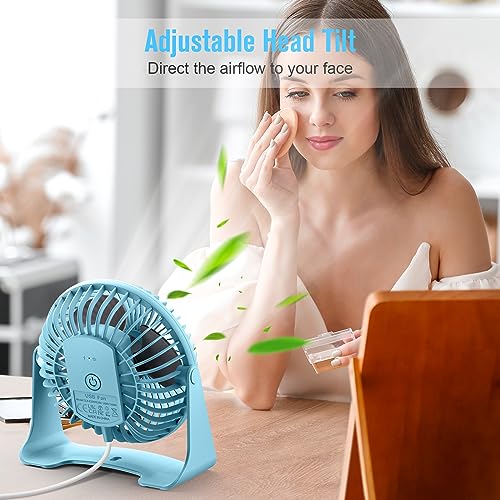 BESKAR USB Small Desk Fan, Portable Fans with 3 Speeds Strong Airflow, Quiet Operation and 360°Rotate, Personal Table Fan for Home,Office, Bedroom- 3.9 ft Cord/Blue - Image 4