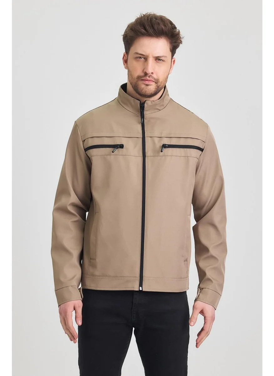 سيفيست Beige Men's Cotton Polyester Blend Double Chest Zippered Water and Windproof Seasonal & Summer Coat