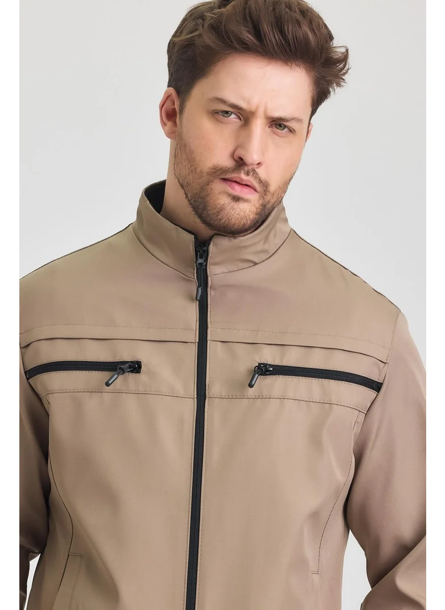 سيفيست Beige Men's Cotton Polyester Blend Double Chest Zippered Water and Windproof Seasonal & Summer Coat
