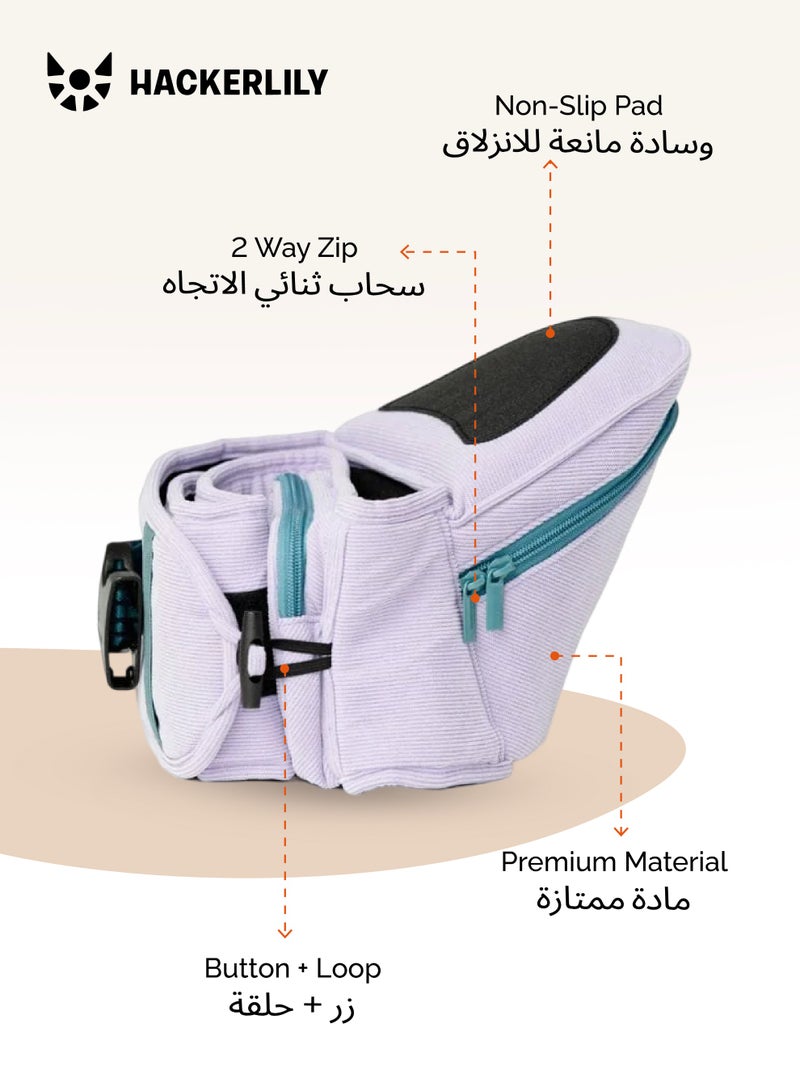 Hackerlily Hip Seat Baby Carrier in Purple & Teal Corduroy | Strap-Free Waist Carrier with Storage | 5+ Carry Positions | Ergonomic M-Position | 59–117 CM Waist | Up to 25 KG - Image 4