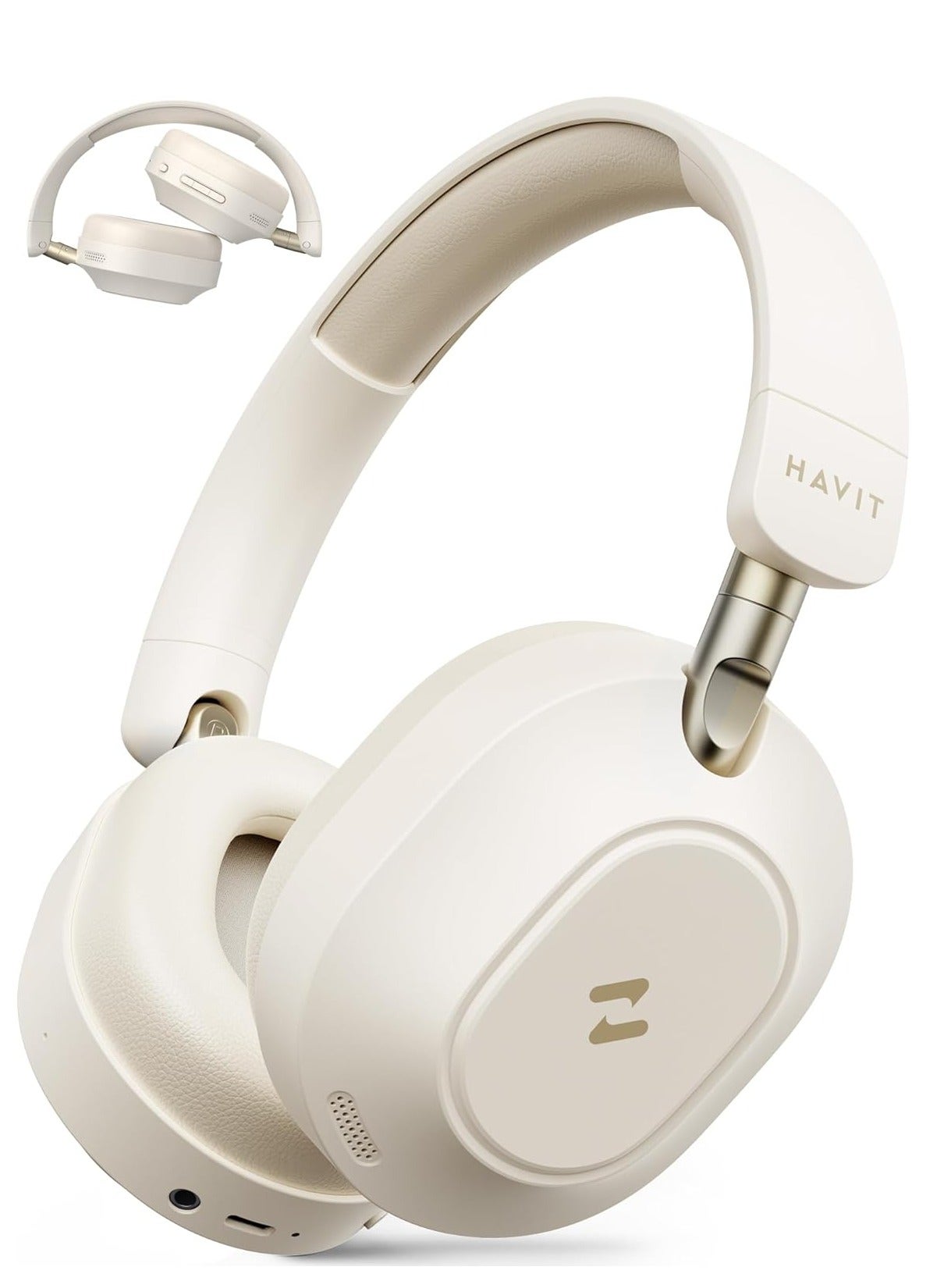 havit Active Noise-Cancelling Wireless Headphones Bluetooth 5.4 - Hi-Res Audio, 40mm Super-Bass Drivers, 80 Hours Playtime, 38ms Ultra-Low Latency Game Mode, Dual-Device Multipoint, Wired & Wireless Modes, 3-Mic ENC Clear Calls, App Custom EQ, Foldable Design - Beige