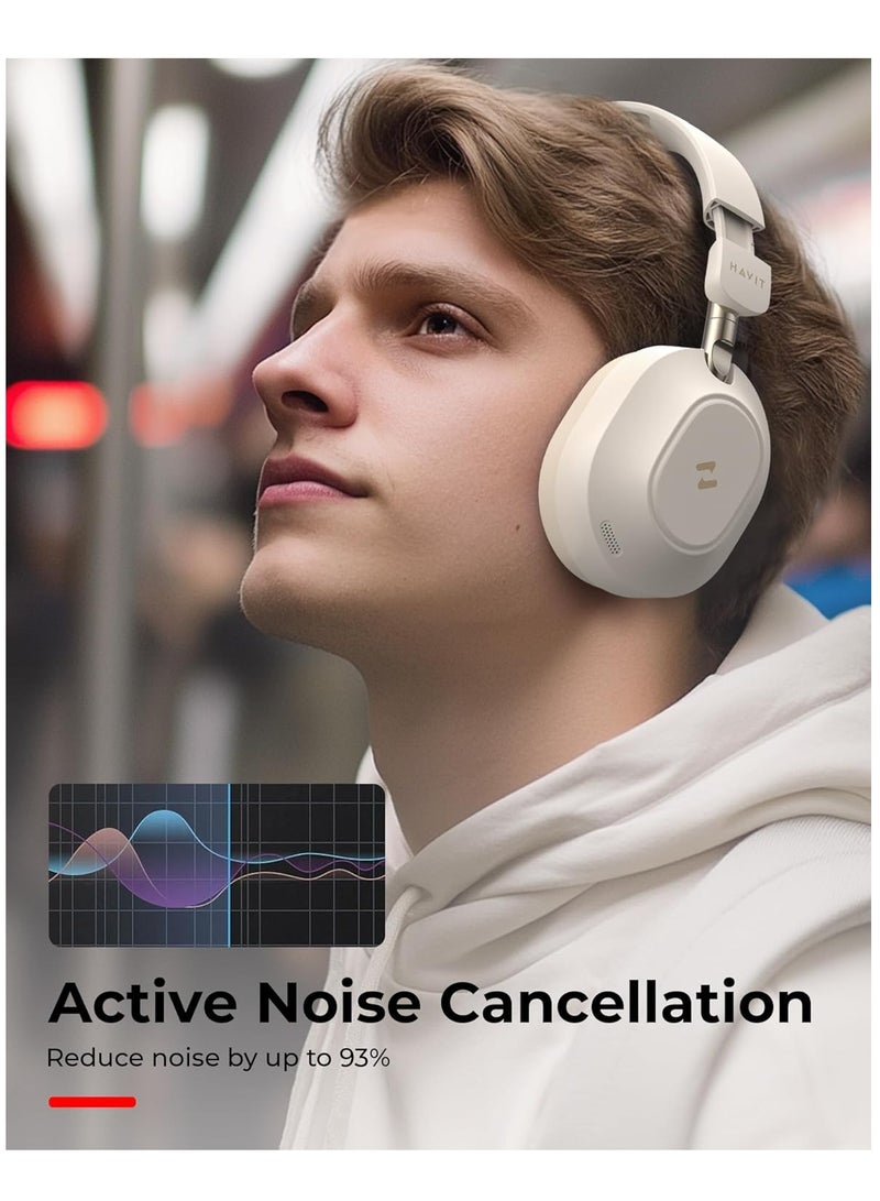 Active Noise Cancelling Headphones with Hi-Res Audio, Custom EQ via App, Super Bass, 40mm Drivers, 80H Battery Life, Ultra-Low 38ms Game Mode, Dual Bluetooth 5.4 Connectivity, Folding Design Headphones Wireless Bluetooth, Wired & Wireless Modes, 3-Mic ENC for Clear Calls, Smart Controls, Voice Assistant – Perfect for Music & Gaming (Beige)