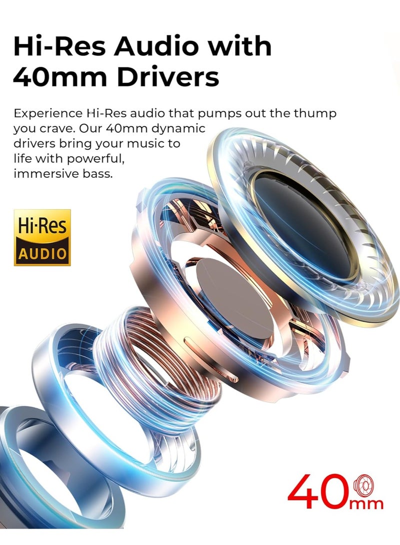 Active Noise Cancelling Headphones with Hi-Res Audio, Custom EQ via App, Super Bass, 40mm Drivers, 80H Battery Life, Ultra-Low 38ms Game Mode, Dual Bluetooth 5.4 Connectivity, Folding Design Headphones Wireless Bluetooth, Wired & Wireless Modes, 3-Mic ENC for Clear Calls, Smart Controls, Voice Assistant – Perfect for Music & Gaming (Beige)