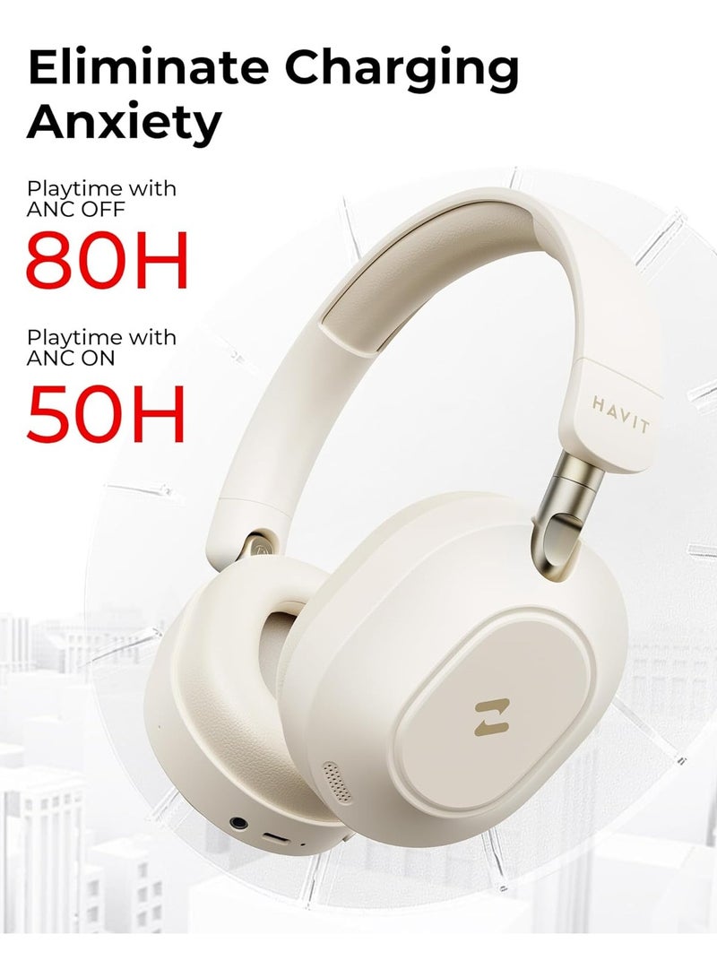 Active Noise Cancelling Headphones with Hi-Res Audio, Custom EQ via App, Super Bass, 40mm Drivers, 80H Battery Life, Ultra-Low 38ms Game Mode, Dual Bluetooth 5.4 Connectivity, Folding Design Headphones Wireless Bluetooth, Wired & Wireless Modes, 3-Mic ENC for Clear Calls, Smart Controls, Voice Assistant – Perfect for Music & Gaming (Beige)