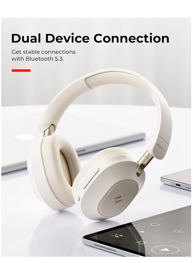 Active Noise Cancelling Headphones with Hi-Res Audio, Custom EQ via App, Super Bass, 40mm Drivers, 80H Battery Life, Ultra-Low 38ms Game Mode, Dual Bluetooth 5.4 Connectivity, Folding Design Headphones Wireless Bluetooth, Wired & Wireless Modes, 3-Mic ENC for Clear Calls, Smart Controls, Voice Assistant – Perfect for Music & Gaming (Beige)