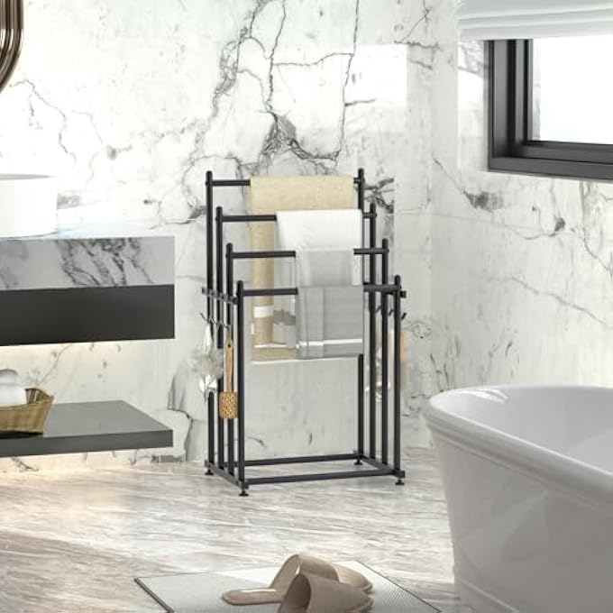 رفوف مناشف قائمة بذاتها، حامل مناشف متدرج من 4 طبقات، رف بطانيات مع 6 خطافات، حامل مناشف حمام سباحة بطول 33 بوصة، حامل تجفيف، حامل بطانية معدني على شكل سلم مع رف تخزين للحمام - Image 2