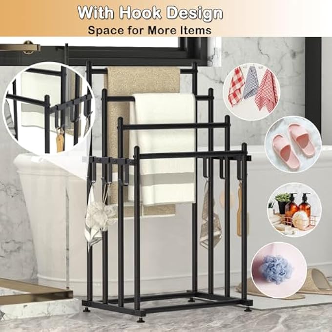 رفوف مناشف قائمة بذاتها، حامل مناشف متدرج من 4 طبقات، رف بطانيات مع 6 خطافات، حامل مناشف حمام سباحة بطول 33 بوصة، حامل تجفيف، حامل بطانية معدني على شكل سلم مع رف تخزين للحمام - Image 5