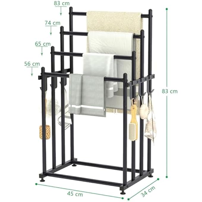 رفوف مناشف قائمة بذاتها، حامل مناشف متدرج من 4 طبقات، رف بطانيات مع 6 خطافات، حامل مناشف حمام سباحة بطول 33 بوصة، حامل تجفيف، حامل بطانية معدني على شكل سلم مع رف تخزين للحمام - Image 3