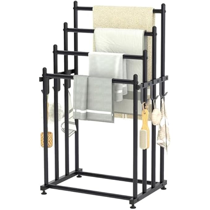 رفوف مناشف قائمة بذاتها، حامل مناشف متدرج من 4 طبقات، رف بطانيات مع 6 خطافات، حامل مناشف حمام سباحة بطول 33 بوصة، حامل تجفيف، حامل بطانية معدني على شكل سلم مع رف تخزين للحمام - Image 1