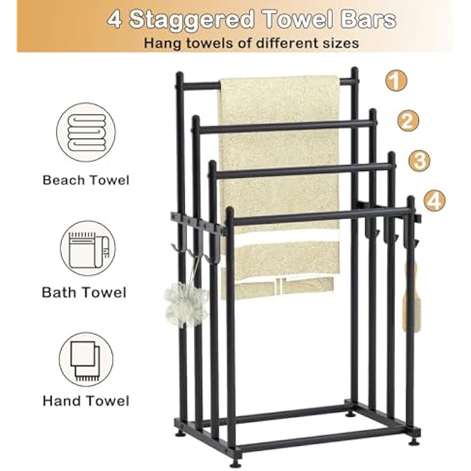 رفوف مناشف قائمة بذاتها، حامل مناشف متدرج من 4 طبقات، رف بطانيات مع 6 خطافات، حامل مناشف حمام سباحة بطول 33 بوصة، حامل تجفيف، حامل بطانية معدني على شكل سلم مع رف تخزين للحمام - Image 4