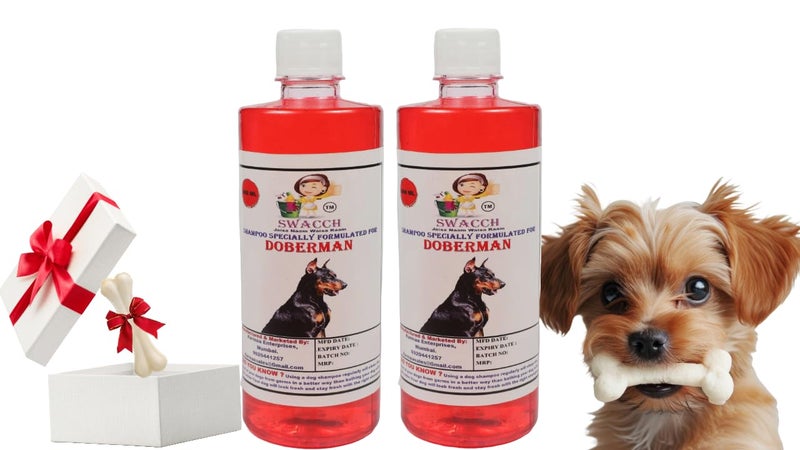 swacch Shampoo | Puppy Safe Shampoo | Doberman Dog Shampoo (500ml) (Pack of 2) Strawberry + Small White Bone | Dog Chew Bones | Teething chew Toy|Dental Teething | Combo Pack - Image 1