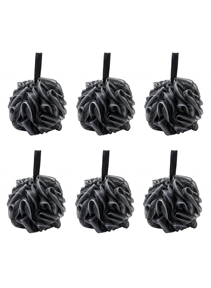 Teuuea 6 Pieces Black Bath Sponges, Premium Soft Fluffy Exfoliating Shower Puff, Nature Bamboo Charcoal Bulk Large Mesh Shower Pouf Loofahs Ball, Enhanced Skin Care Body Scrub for Men Women Children - Image 1