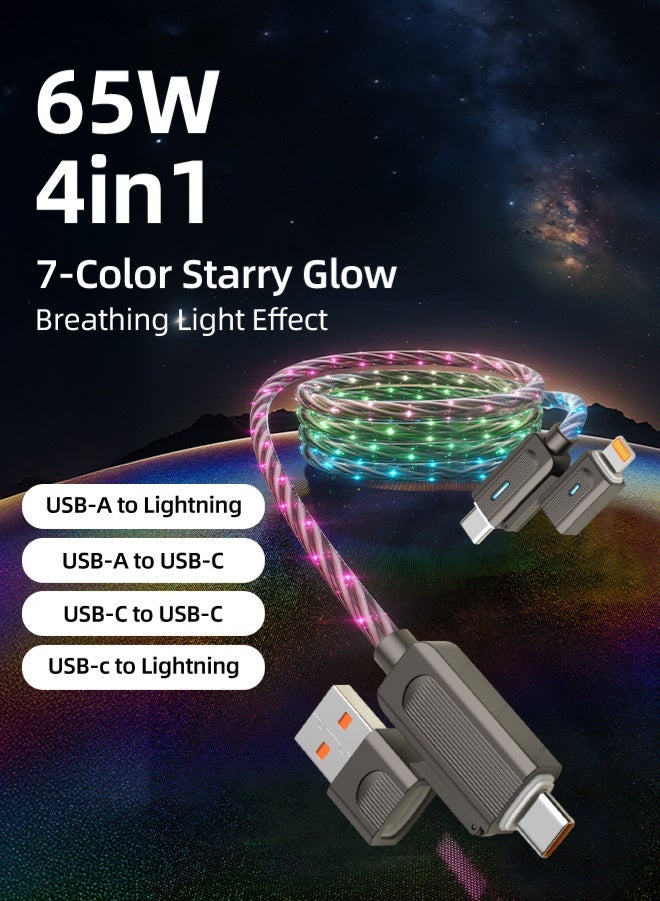 Zcheer 4-in-1 LED Fast Charging Cable, 65W USB-C & Lightning, 7-Color Breathing Light, Zinc Alloy, 5.5mm Reinforced PVC, Durable Universal Data Cord for iPhone 16 15 14 13 12, Samsung, Huawei, Android, Car, Camping, Gaming (1m) - Image 1