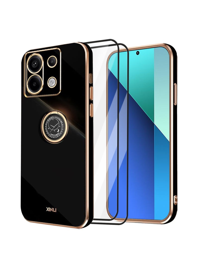 اووكاي [1+2] جراب لهاتف Xiaomi Redmi Note 13 4G مع واقي شاشة، غطاء حماية مغناطيسي مطلي بالكهرباء مع حامل حلقي، جراب أنيق نحيف مقاوم للصدمات (أسود، Note 13 4G) - Image 1
