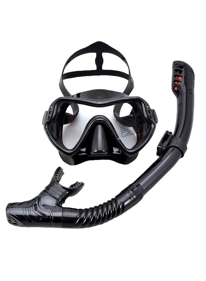 طقم غطس للنساء والرجال من الزجاج المقوى ومضاد للضباب للكبار قناع غوص وغوص نظارات شمسية نظارات الغوص والسباحة سهلة التنفس مجموعة أنبوب التنفس - أسود - Image 1