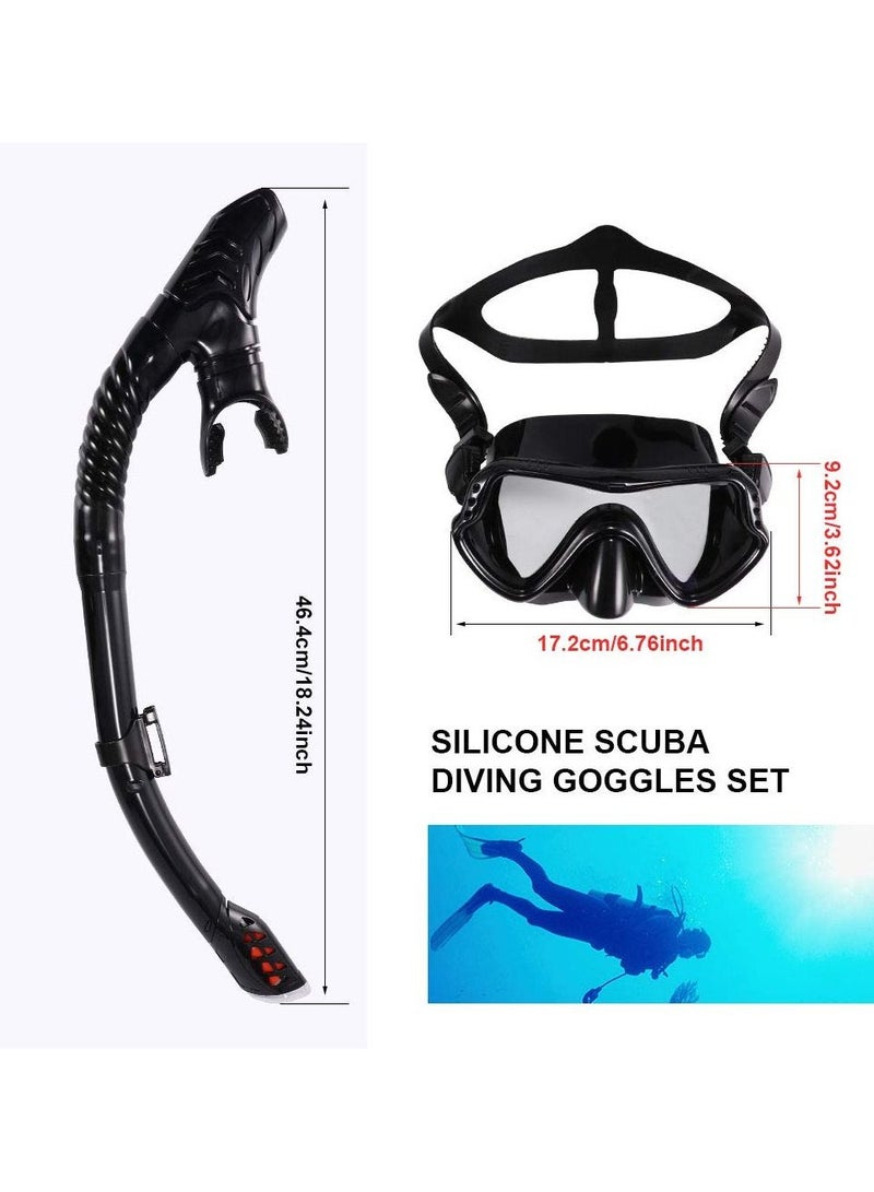 طقم غطس للنساء والرجال من الزجاج المقوى ومضاد للضباب للكبار قناع غوص وغوص نظارات شمسية نظارات الغوص والسباحة سهلة التنفس مجموعة أنبوب التنفس - أسود - Image 2
