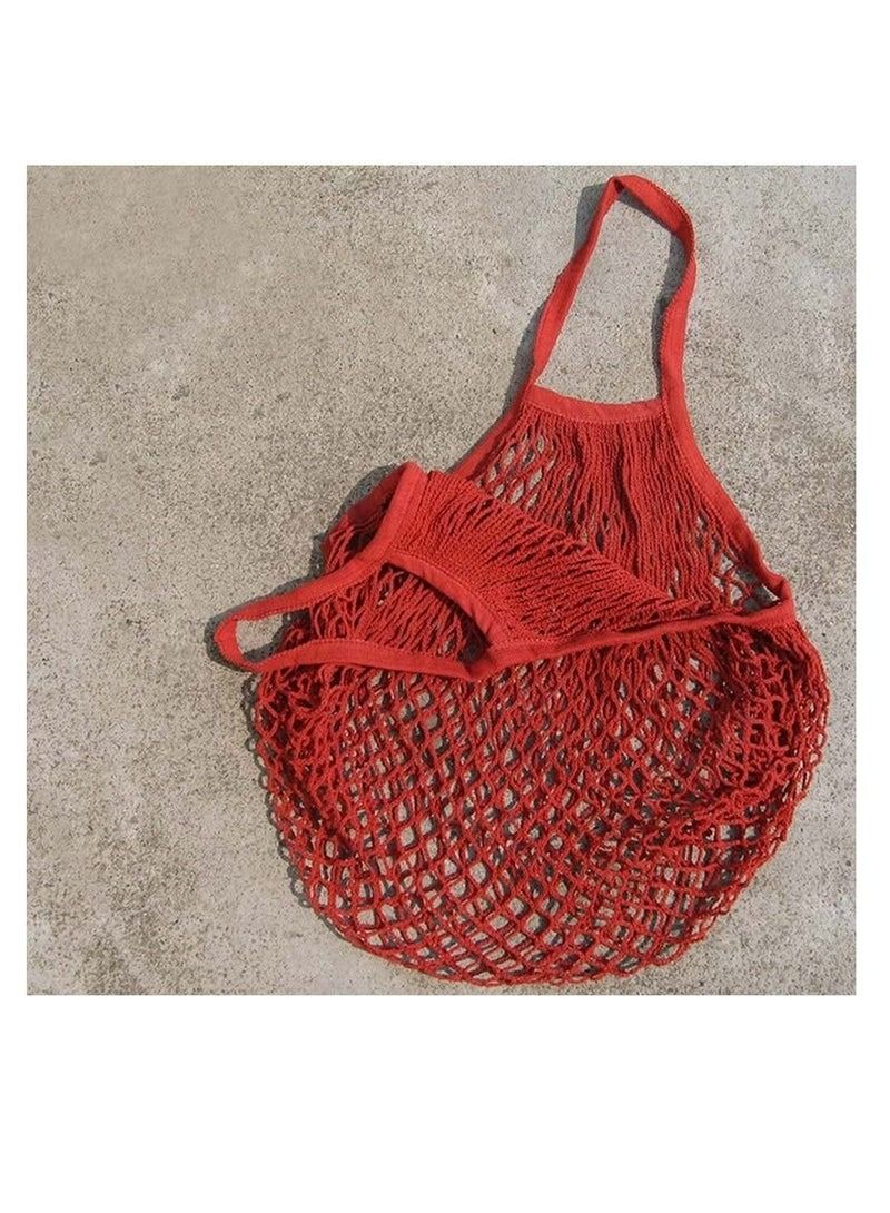 Mesh Bag Organic Cotton String Shopping Tote Net Woven Re-usable Bag (Red） - Image 2