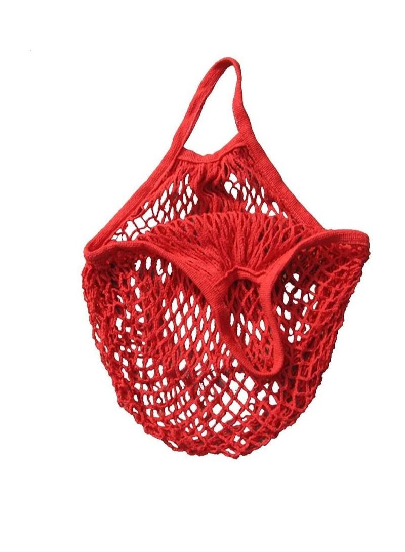 Mesh Bag Organic Cotton String Shopping Tote Net Woven Re-usable Bag (Red） - Image 1