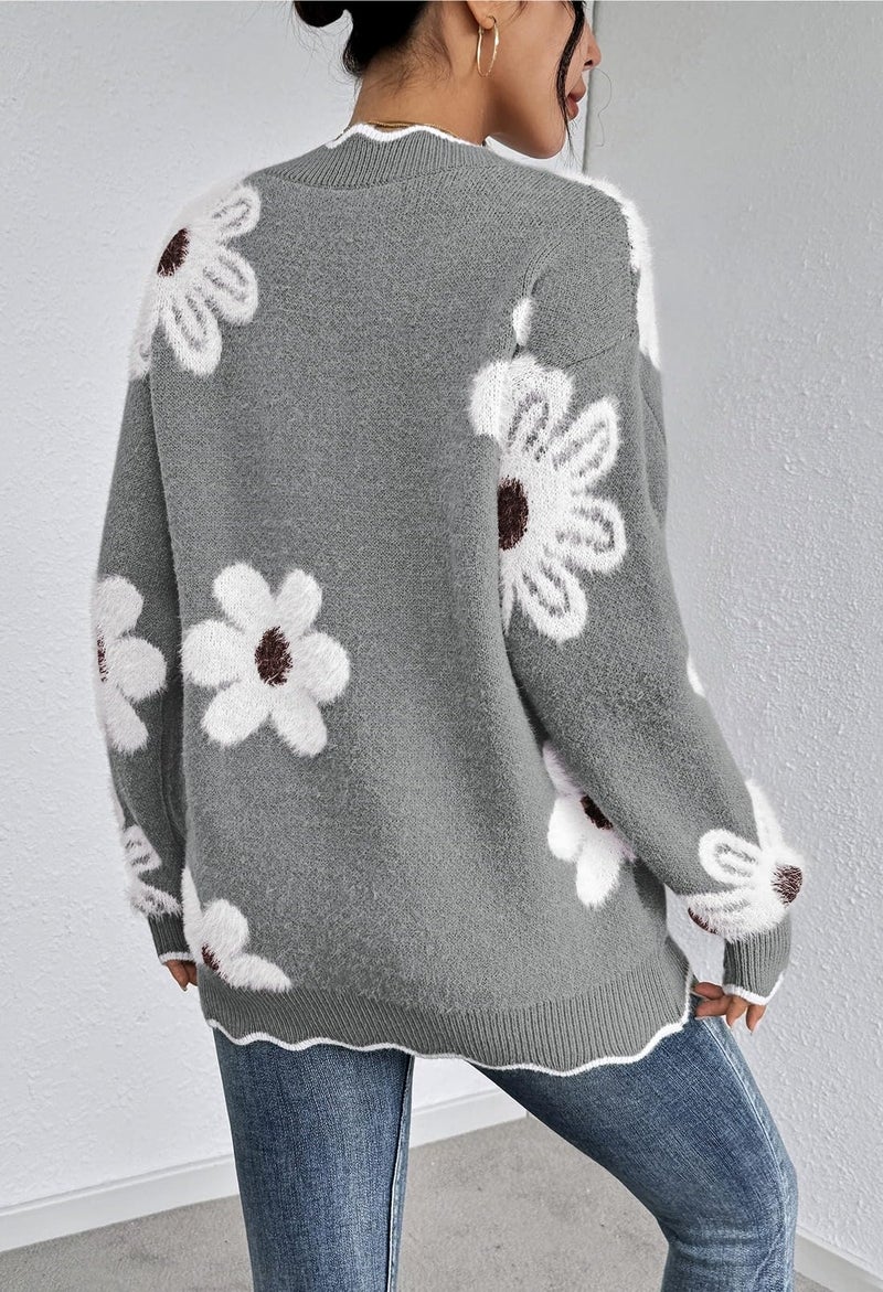Pink Queen V Neck Oversized Sweater for Women Vacation Long Sleeve Flower Pattern Loose Knit Pullover Tops Autumn Fluffy Fuzzy Jumper Sweater Grey M - Image 3