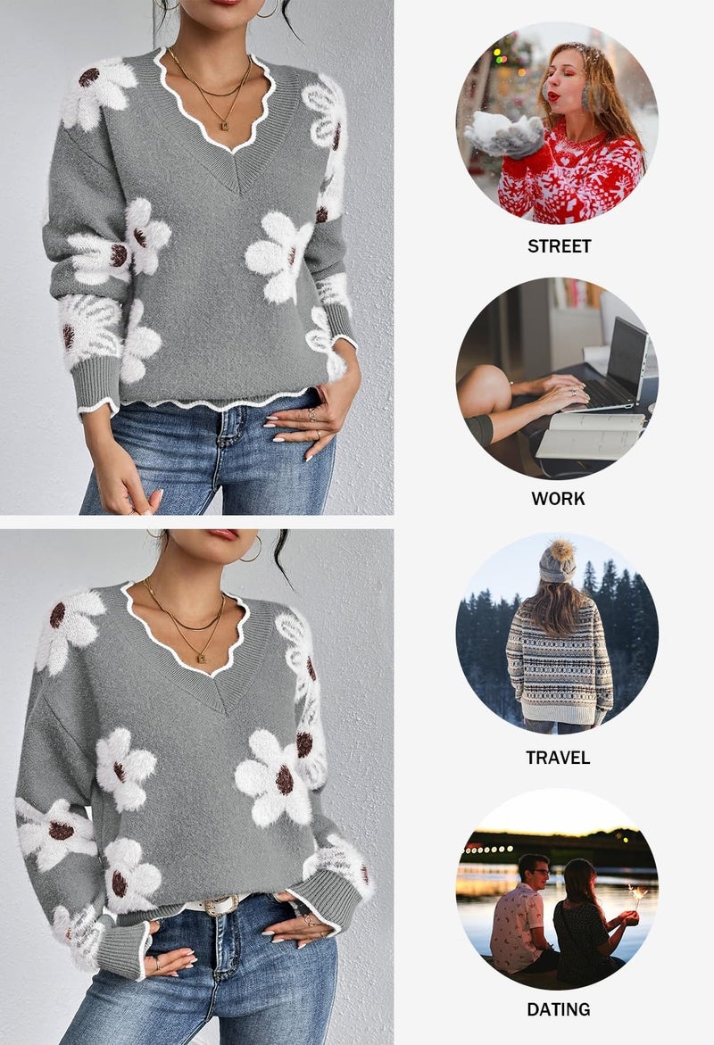 Pink Queen V Neck Oversized Sweater for Women Vacation Long Sleeve Flower Pattern Loose Knit Pullover Tops Autumn Fluffy Fuzzy Jumper Sweater Grey M - Image 5