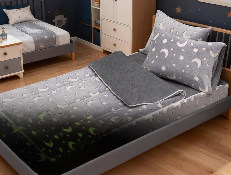 A Nice Night Star Moon Plush Zippered Comforter Set Zipper Bedding Glow in The Dark for Child, Twin,Grey - Image 1