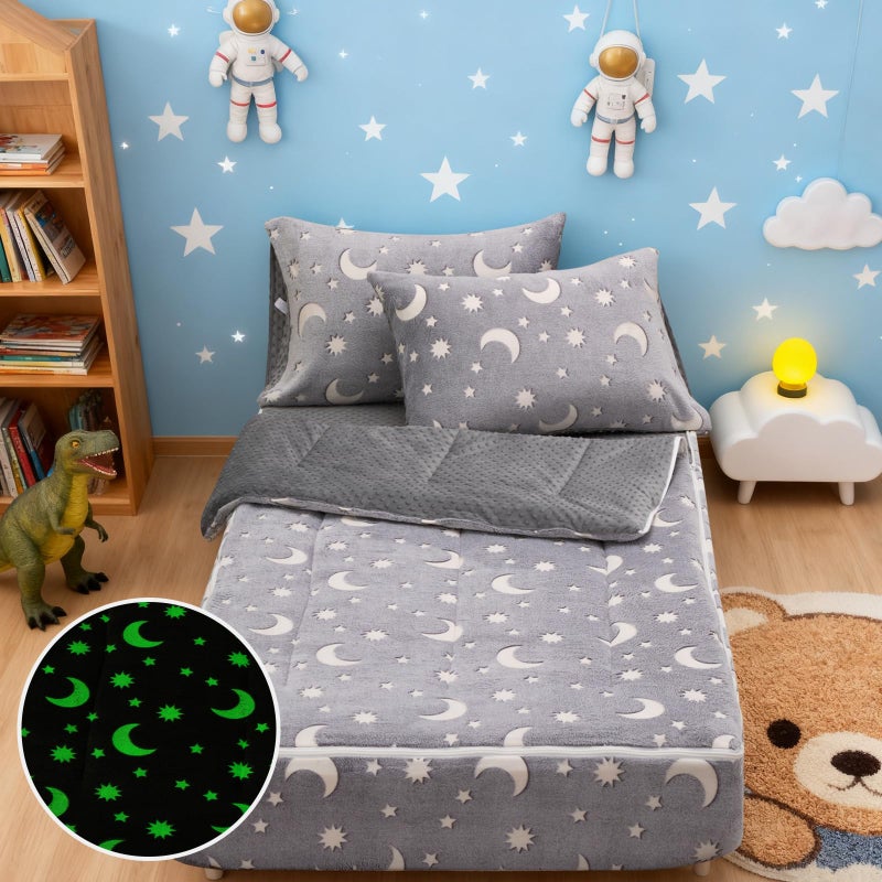 A Nice Night Star Moon Plush Zippered Comforter Set Zipper Bedding Glow in The Dark for Child, Twin,Grey - Image 2