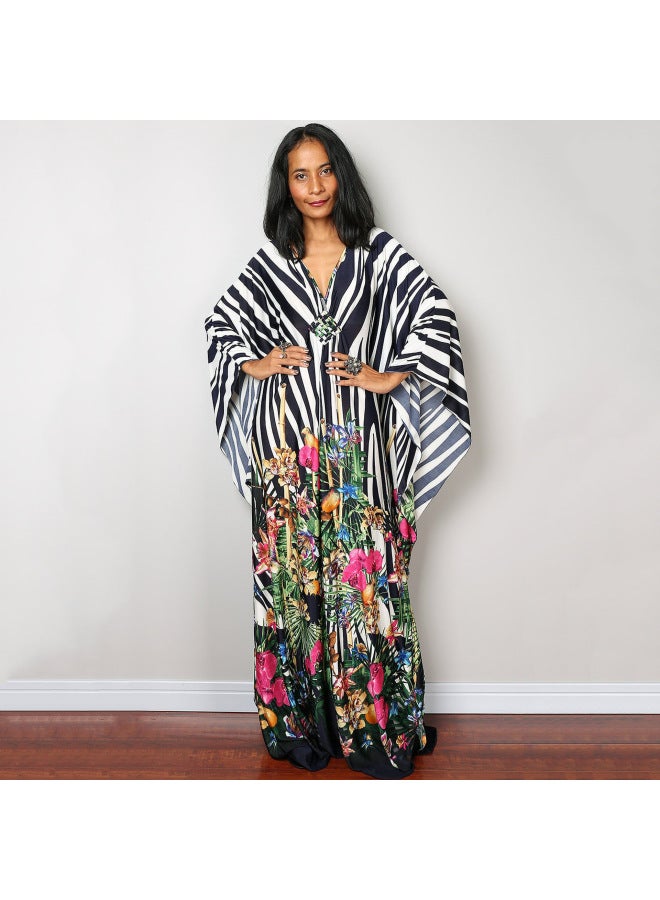 إسكدنيا تنورة شاطئ أوروبية وأمريكية طويلة وفضفاضة بالإضافة إلى مقاس كبير، بي، لباس خارجي، بلوزة، تنورة ملفوفة، حجاب، ملابس للحماية من الشمس - اللون: 78693-7 حمار وحشي أبيض وأسود مع زهور - - Image 1