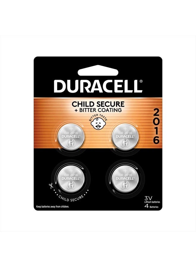 Duracell CR2016 3V Lithium Battery, Child Safety Features, 4 Count Pack, Lithium Coin Battery for Key Fob, Car Remote, Glucose Monitor, CR Lithium 3 Volt Cell - Image 1