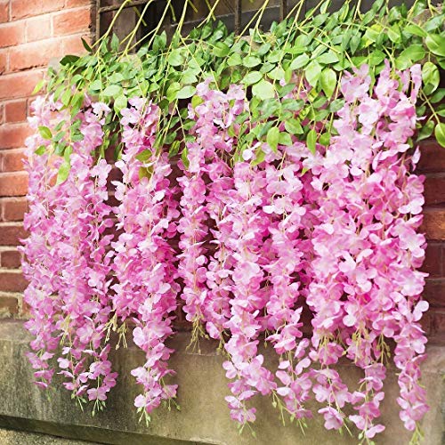 GT Gloptook 6 Pcs Artificial Polyester Hanging Flower Wisteria Vines Fake Flowers Vines for Home Party Wedding Garden Outdoor Greenery Decoration (6, Pink) - Image 5