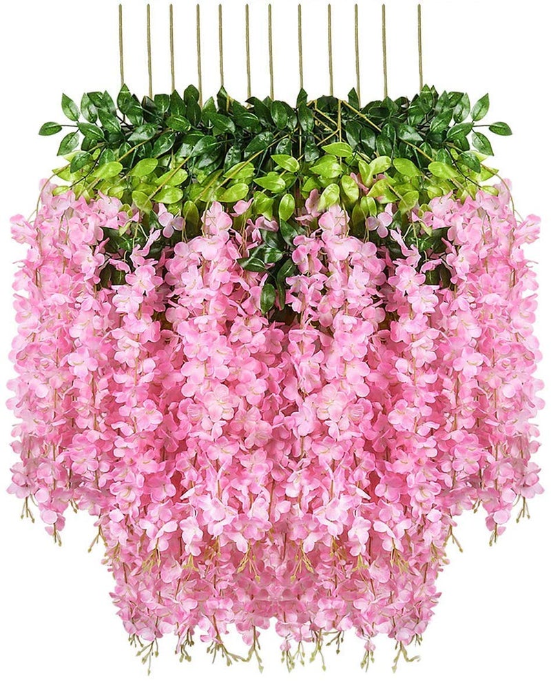 GT Gloptook 6 Pcs Artificial Polyester Hanging Flower Wisteria Vines Fake Flowers Vines for Home Party Wedding Garden Outdoor Greenery Decoration (6, Pink) - Image 1