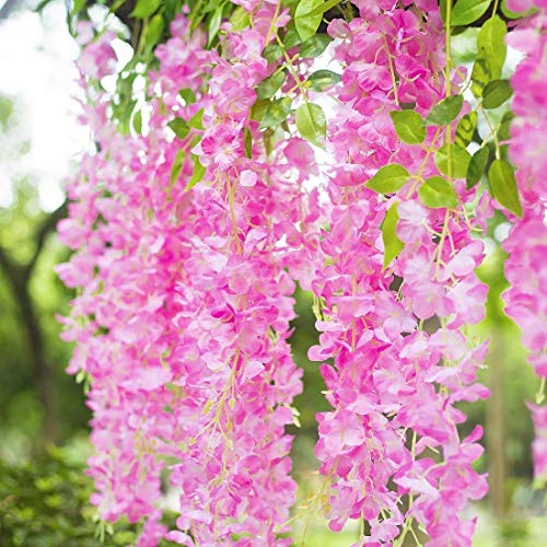 GT Gloptook 6 Pcs Artificial Polyester Hanging Flower Wisteria Vines Fake Flowers Vines for Home Party Wedding Garden Outdoor Greenery Decoration (6, Pink) - Image 2