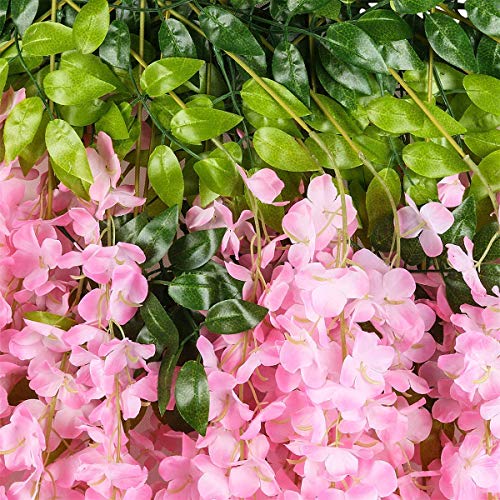 GT Gloptook 6 Pcs Artificial Polyester Hanging Flower Wisteria Vines Fake Flowers Vines for Home Party Wedding Garden Outdoor Greenery Decoration (6, Pink) - Image 3