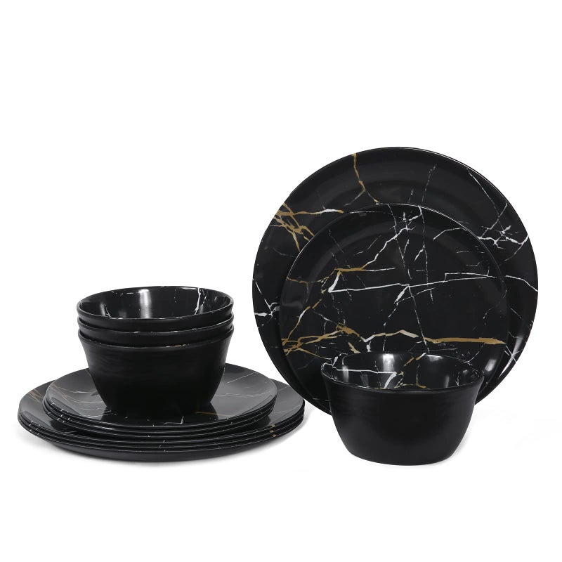 Melamine Dinnerware Set  12pcs Plates and Bowls Sets Best for Indoor and Outdoor Party BPAFree Dishwasher Safe Kitchen Dinner Set with Black Marble Pattern