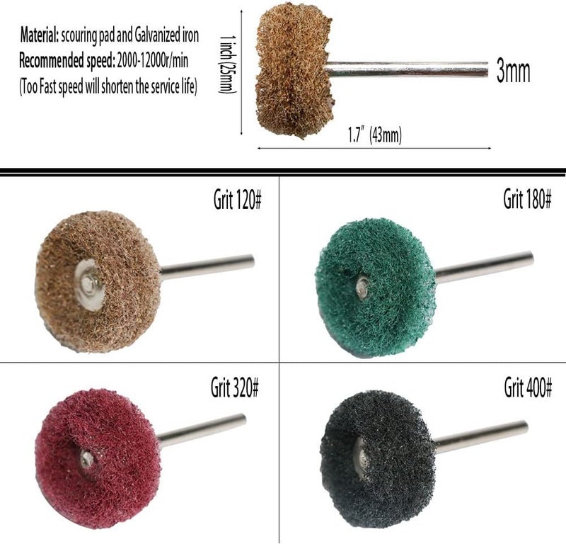 FPPO Abrasive Buffing Polishing Wheel Set for Rotary Tool,Removal of Rust Deburring on Metal Surface with 3mm Mandrel,Mini scouring pad Brush Polishing kit(grit 120 Brown 50pcs) - Image 2