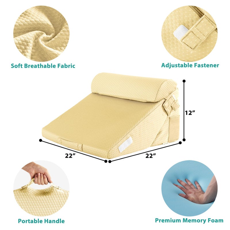 Bedluxe Adjustable 3pcs Bed Wedge Pillow Set, Memory Foam Wedge Pillows Post Surgery for Back, Neck, Leg Pain Relief, Pillow Wedge for Sleeping, Sitting up in Bed, Acid Reflux and GERD, Beige Yellow - Image 3