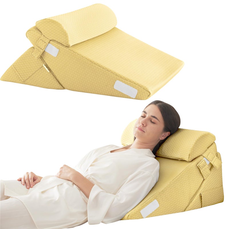 Bedluxe Adjustable 3pcs Bed Wedge Pillow Set, Memory Foam Wedge Pillows Post Surgery for Back, Neck, Leg Pain Relief, Pillow Wedge for Sleeping, Sitting up in Bed, Acid Reflux and GERD, Beige Yellow - Image 1