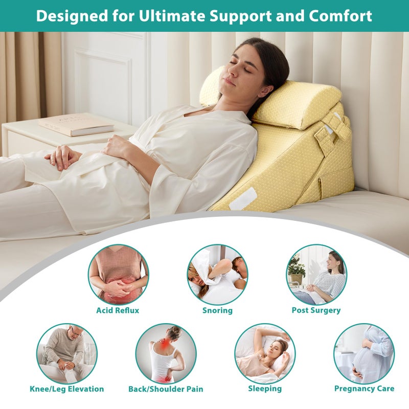 Bedluxe Adjustable 3pcs Bed Wedge Pillow Set, Memory Foam Wedge Pillows Post Surgery for Back, Neck, Leg Pain Relief, Pillow Wedge for Sleeping, Sitting up in Bed, Acid Reflux and GERD, Beige Yellow - Image 2
