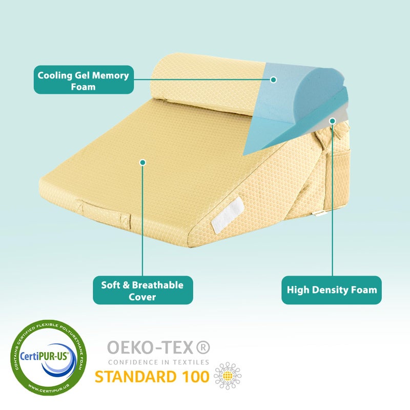 Bedluxe Adjustable 3pcs Bed Wedge Pillow Set, Memory Foam Wedge Pillows Post Surgery for Back, Neck, Leg Pain Relief, Pillow Wedge for Sleeping, Sitting up in Bed, Acid Reflux and GERD, Beige Yellow - Image 5